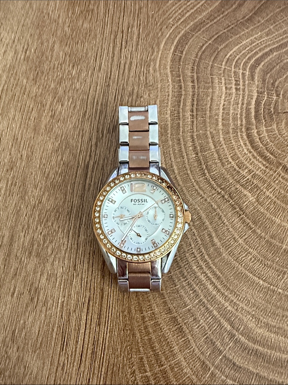Fossil Two-Tone Rose Gold and Silver Crystal Bezel Women's Watch